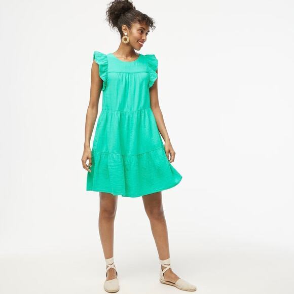 J. Crew Factory Dress Gauze Flutter Sleeve Tiered Mini Bright Seafoam  NWT 2 - Picture 2 of 11
